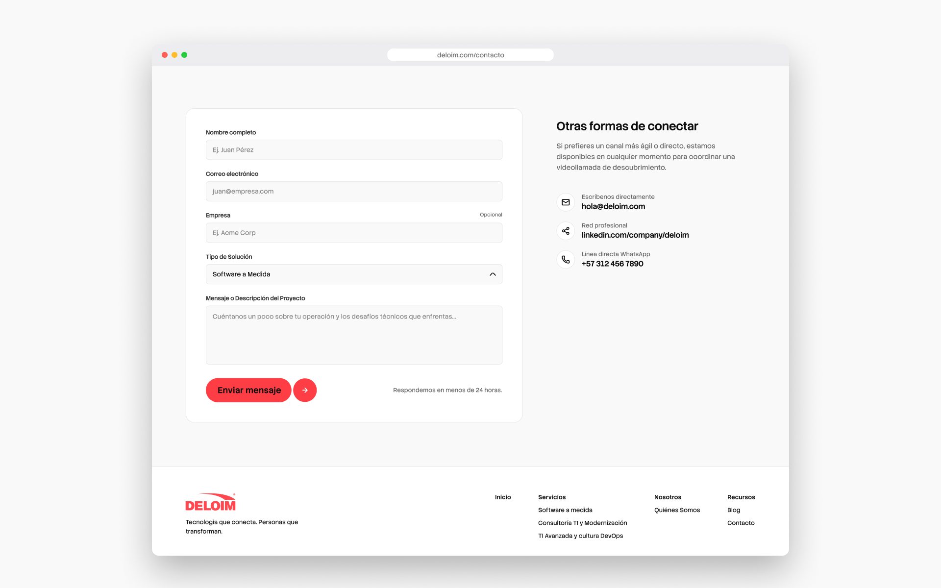 Deloim website contact form and direct contact channels