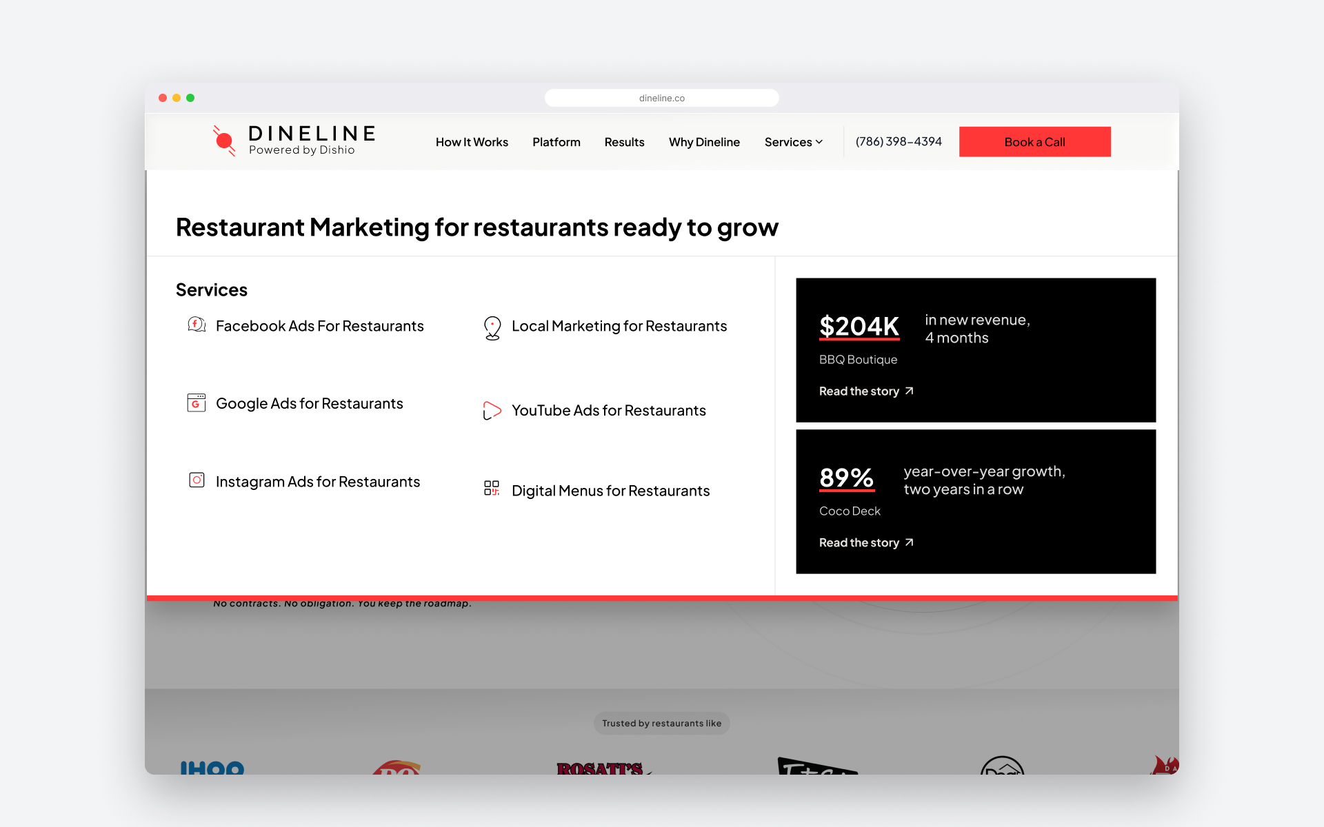 Dineline services mega menu with featured success stories